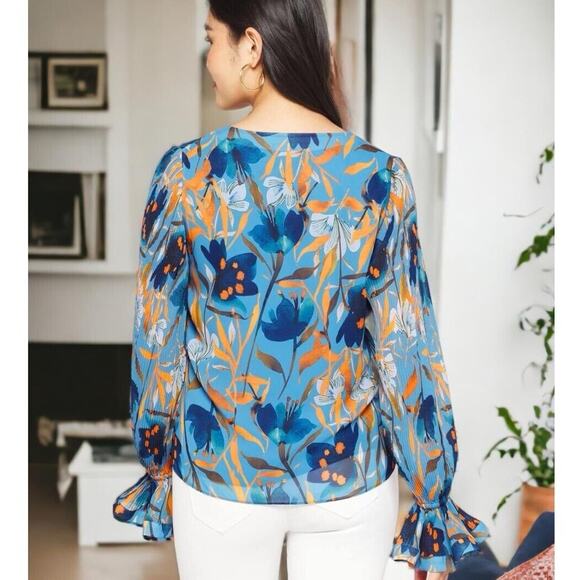 Milly Greer Watercolor Azalea Top Button Up Bell Sleeves Blue Women's Small NWT - Picture 2 of 10